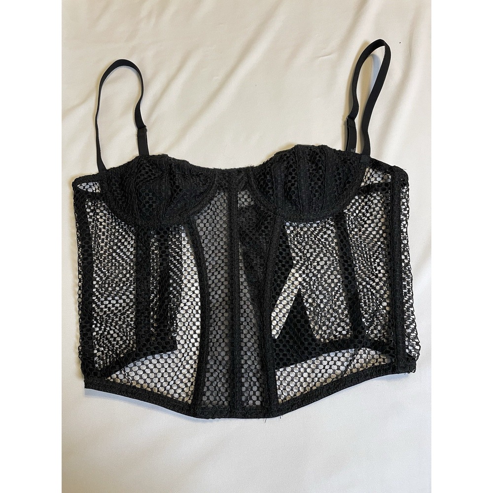 UO OUT FROM UNDER Black Fishnet Mesh Bustier Adjustable Corset Top Size S Grunge
